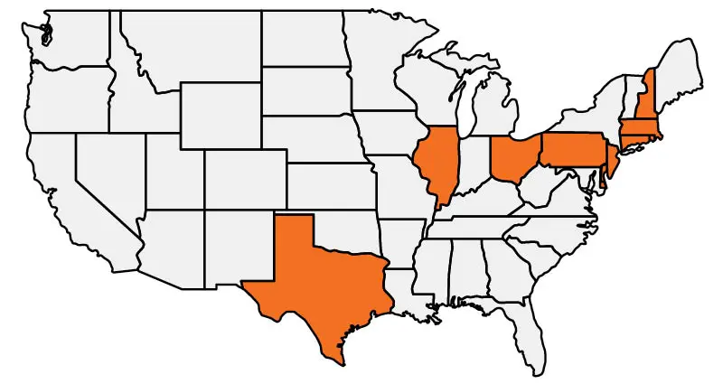 United States map with areas we serve highlighted orange
