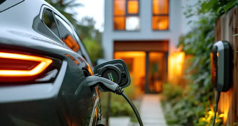 Electric vehicle plugged in and charging at home