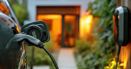 Electric vehicle plugged in and charging at home