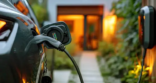 Electric vehicle plugged in and charging at home