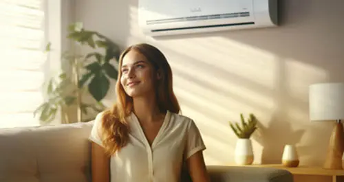 Woman switching on air conditioner while sitting on sofa at home