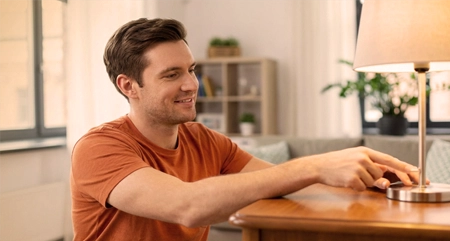 Man turning off a table lamp switch