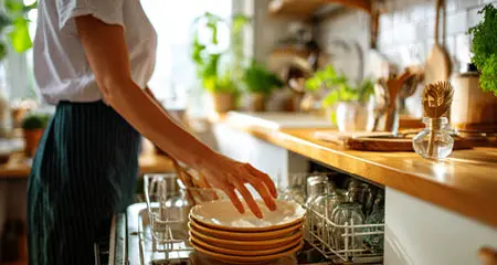 Woman loading dishwasher in kitchen