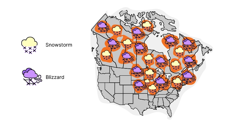 Illustration of snow, storm and rain clouds in circulation