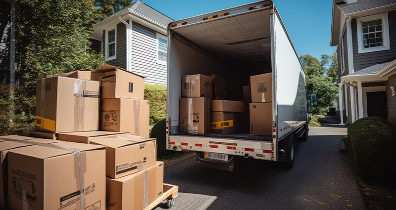 Moving van outside of house loaded