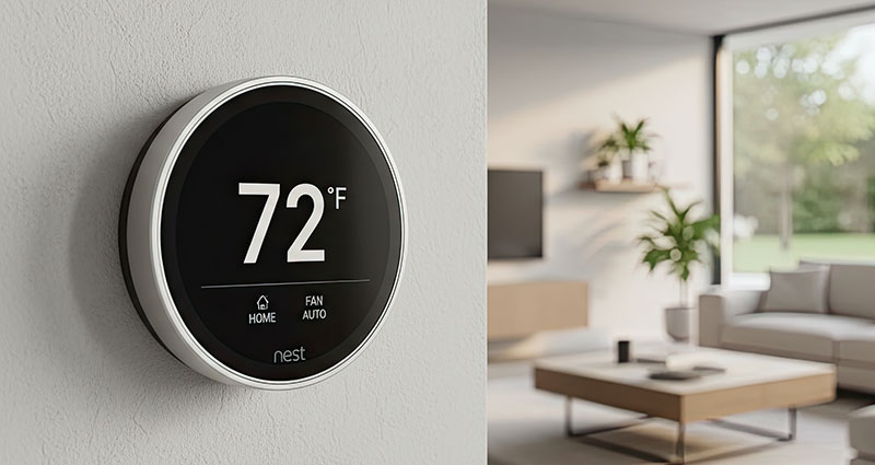 Smart Nest Thermostat Displaying 72°F in a Bright Modern Living Room with Garden View