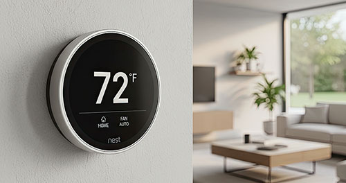 Smart Nest Thermostat Displaying 72°F in a Bright Modern Living Room with Garden View