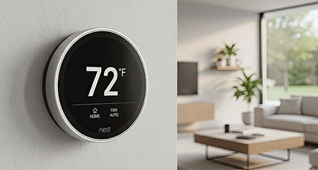 Smart Nest Thermostat Displaying 72°F in a Bright Modern Living Room with Garden View