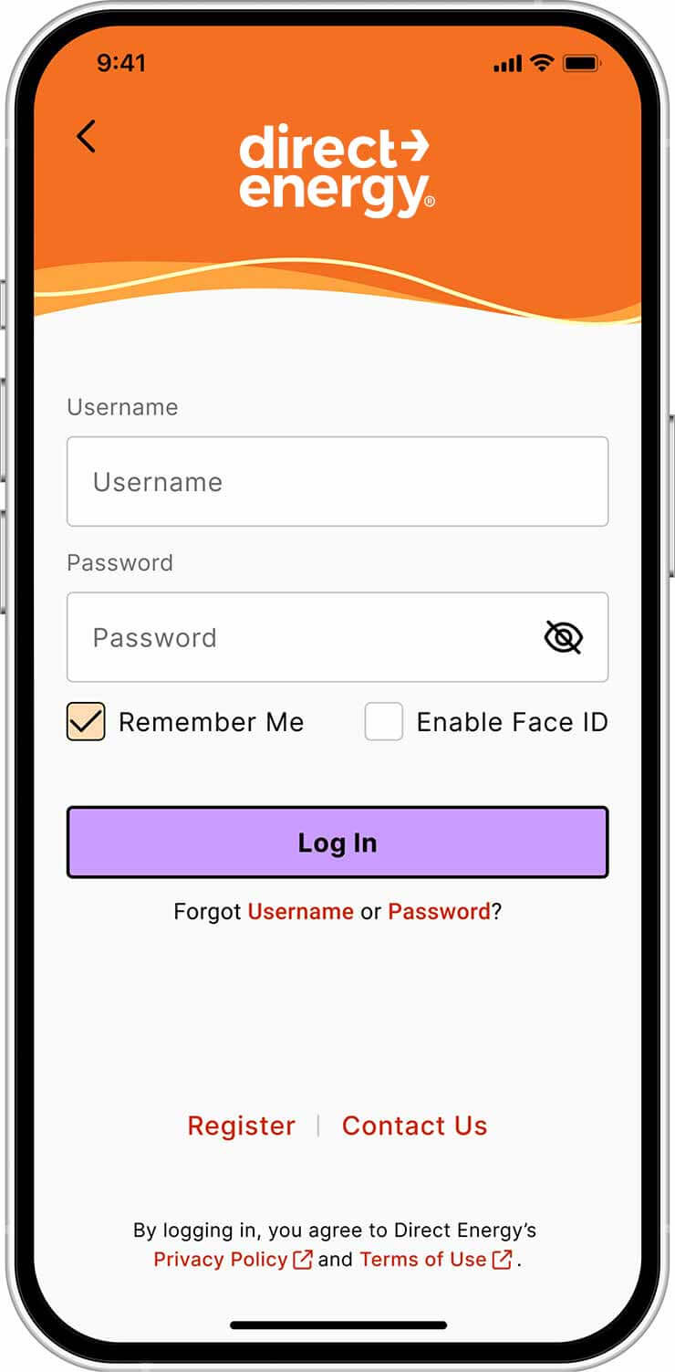 Direct Energy App login screen